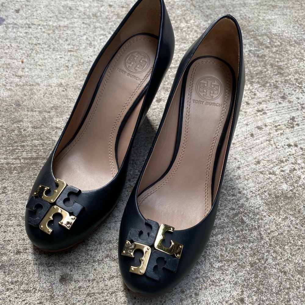 Tory Burch Black Wedges with Gold Logo